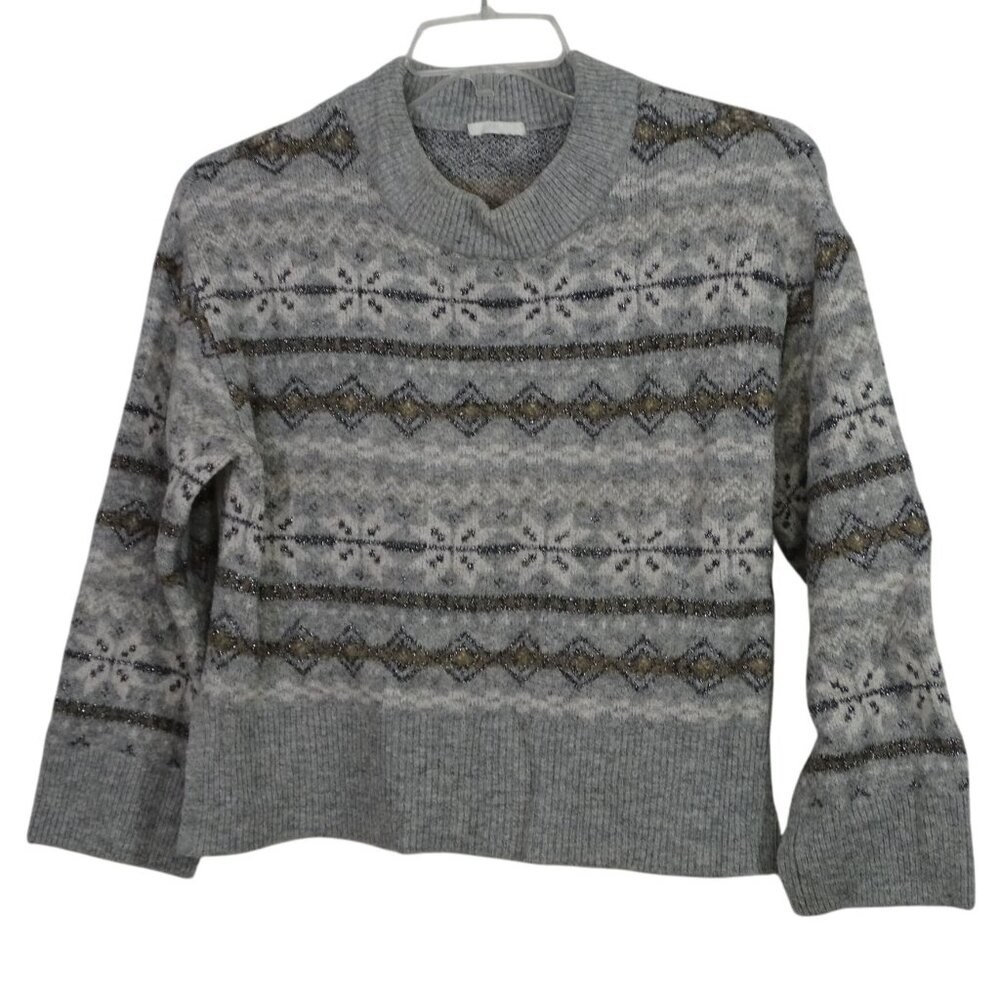 H&M Gray Fair Isle Knit Sweater Crew Neck Women Size M Acrylic Blend Long Sleeve